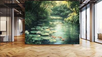 A serene painting of a stream with lily pads and koi fish, surrounded by lush greenery and soft light. Wall mural