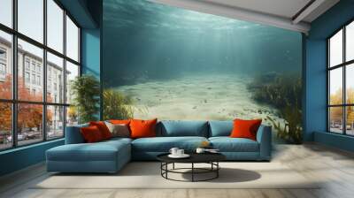 A serene undersea landscape with a sandy ocean floor, patches of seaweed, and small fish darting in and out of view. Wall mural