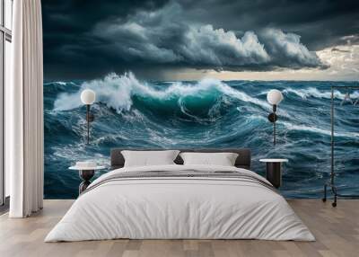 A stormy sea with large, churning waves and dark, ominous clouds overhead, highlighting the ocean's formidable power. Wall mural