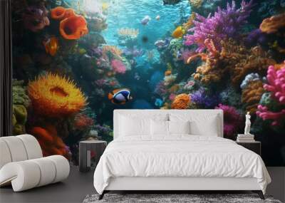 A vibrant coral reef teeming with colorful fish, corals, and sea anemones, creating a lively undersea ecosystem. Wall mural