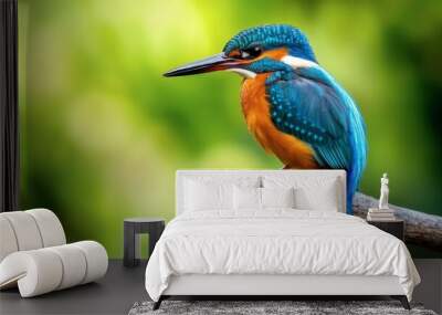 A vibrant kingfisher perched on a branch, showcasing its bright blue and orange feathers against a blurred green background. Wall mural