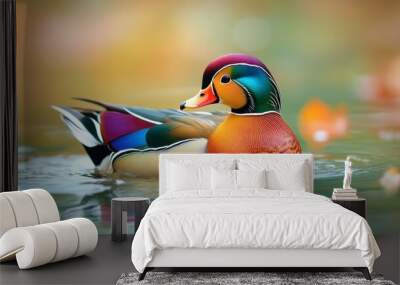 A vibrant mandarin duck swimming in a pond, showcasing its brilliant multicolored plumage against a calm water surface. Wall mural