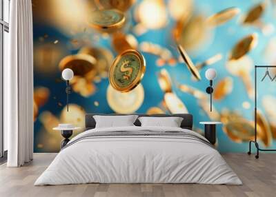 3D rendering of cash bundles and golden coins in flight, set against a blue background, representing the concept of saving money. Wall mural