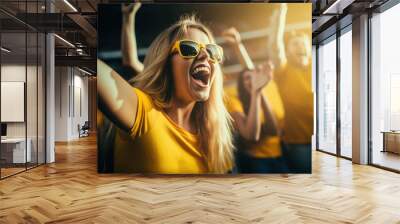 A female sports fan is happy with a group of friends, many cheering together happily and excited to watch their favorite football team. Cheering sports fans wear yellow cheer team shirts. Wall mural