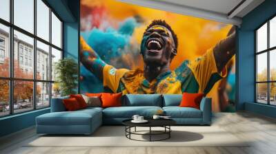 A football fan with their face painted in the world cup colors binds football fans together. Moments and matches are captured by onlookers in awe. Wall mural