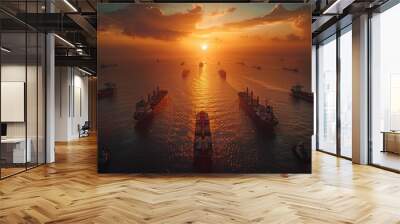 A large container ship sailing across the ocean at evening sunset with cargo ships for import and export logistics and world trade. Wall mural