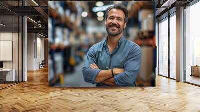 A male supervisor stands in shipping warehouse with smiles looking at the camera with a happy with satisfied with the sales Wall mural