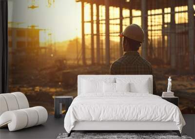 A professional architect engineer wearing protective helmet and standing looking at house construction site Wall mural