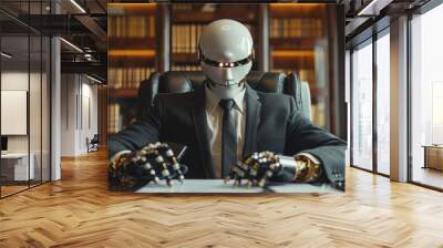 A robot businessman with a sharp business suit sits confidently at an executive desk in a luxurious office. An Android robot businessman in a stylish CEO outfit sits in the executive office. Wall mural