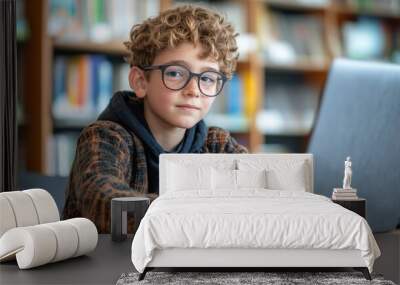 A student using a laptop to study in a library with shelves and books all around them Wall mural