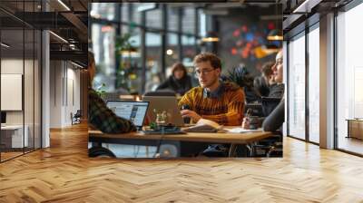 A young professional in a wheelchair collaborating with coworkers on a new project in a modern co-working space. , magazine photography, Canon EOS R5, color Wall mural