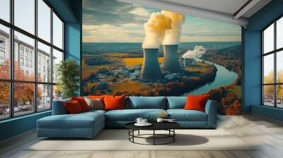 Aerial shot of a nuclear power plant with cooling towers, surrounded by agricultural fields and a nearby river, blending energy production with rural landscapes. Wall mural