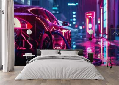 An electric cars that are charged from a station Futuristic sports car on colorful light highway Wall mural