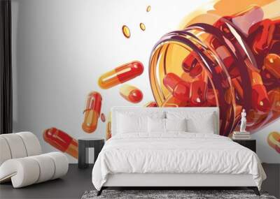 Animated close-up of a pill bottle and capsules, detailed in vector illustration style on a white background. Wall mural