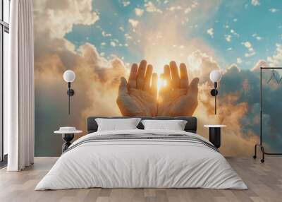 As the hands of God or Jesus Christ emerge amidst the clouds, a divine presence reaching out in grace and compassion Wall mural