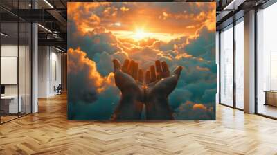 As the hands of God or Jesus Christ emerge amidst the clouds, a divine presence reaching out in grace and compassion Wall mural