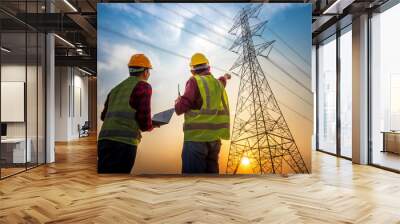 electrical engineer working at the power station See the planning of electricity production at high voltage poles. Wall mural