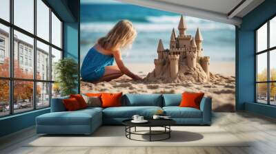 Girl playing on the beach on summer vacation Little girl builds a sand castle with a blue ocean background. Enjoy the summer vacation. Have fun on the beach Wall mural