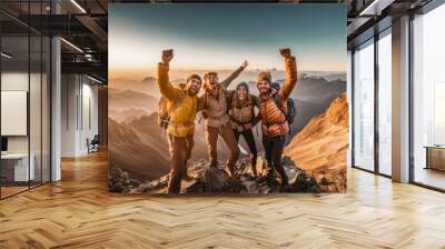 Group of travelers and friends hiking in the mountains smiling and having fun doing amazing trekking and taking selfies together. concept of living outdoor adventure style of mountain climbers Wall mural