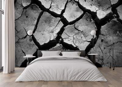 Monochromatic texture of cracked earth, emphasizing natural patterns and abstract beauty in a minimalistic, high-contrast composition. Wall mural