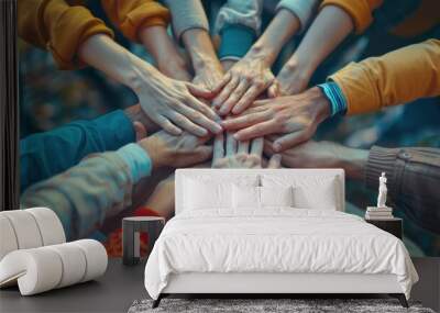 Teamwork and collaboration A new generation of business people gather together Holding hands in close-up top view It is a symbol of unity and harmony in the pursuit of a shared goal. Wall mural