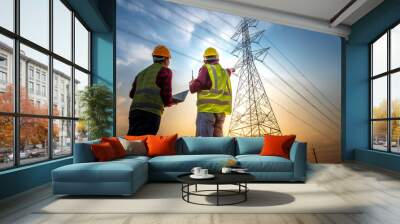 Two electrical engineers stand at the power station to look at the power generation planning work at the high voltage terminals. Wall mural