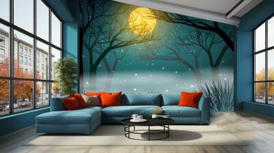 fireflys in the forest in full moon night Wall mural