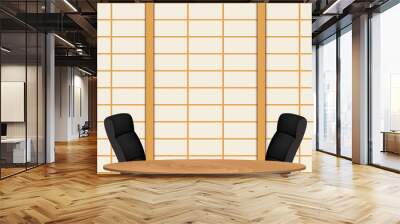 wooden table and chairs with japan wall background in the news studio room Wall mural