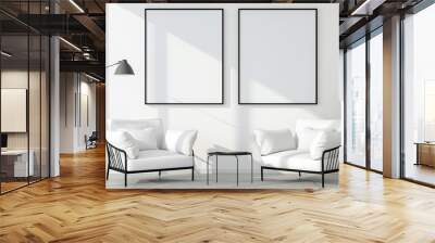 2 empty frames wall art in living room mock up. Wall mural