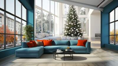 A modern, minimalist Christmas tree decorated with white and silver ornaments, standing in a stylish living room with large windows and soft winter light streaming in Wall mural