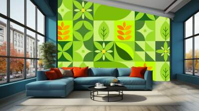 Illustration of a fresh and geometric green leaf seamless pattern with natural abstract shapes Wall mural