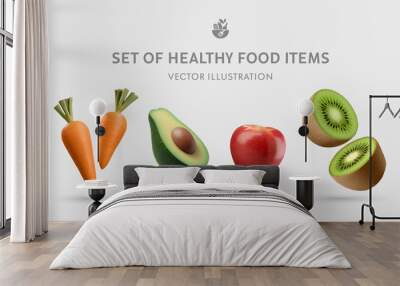 A Set of Healthy Food 3D Vector Props: Carrot, Avocado, Apple, Kiwi Wall mural