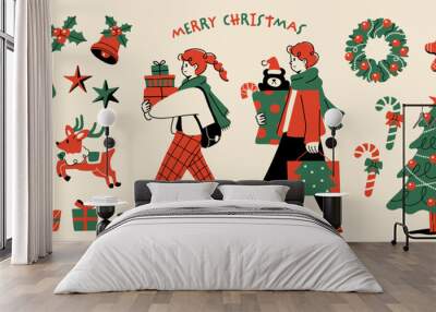 A set illustration of a couple enjoying Christmas shopping and Christmas accessories Wall mural