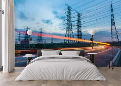 High voltage, high speed road car track in the background of high voltage towers Wall mural