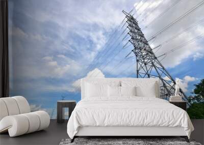 high voltage post.High-voltage tower sky background. Wall mural