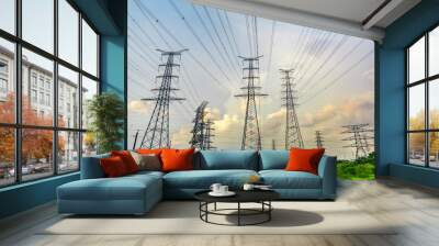 Large high voltage towers under the blue sky white clouds Wall mural