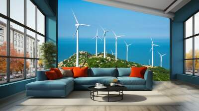 Wind turbines in the mountains near the sea Wall mural