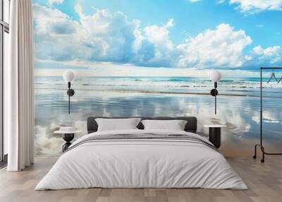 Bright_beautiful_seascape_sandy_beach_clouds_reflec Wall mural