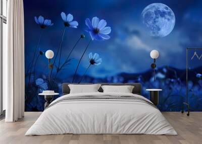 Dark_cosmos_flower_with_full_moon_at_night. Wall mural