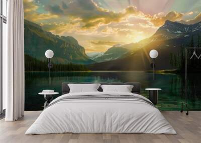 Sunset_Lake_Mountain_beautiful_scenery_photography_ Wall mural