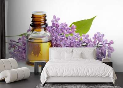 A bottle of essential oil surrounded by fresh lilac flowers, beautifully isolated against a clean white background, showcasing the essence of relaxation and natural wellness. Wall mural