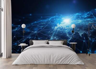 Abstract blue background with glowing network connections and a global world map, ideal for internet of things or digital connection concepts, featuring ample copy space and high-resolution profession Wall mural