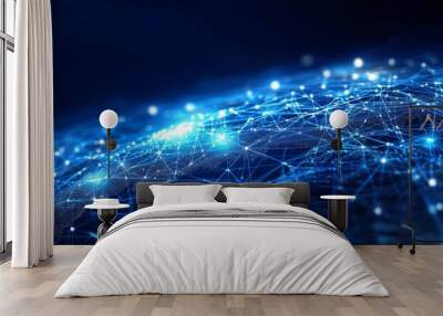 Abstract blue background with glowing network connections and a global world map, ideal for internet of things or digital connection concepts, featuring ample copy space and high-resolution profession Wall mural