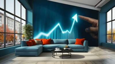 Businessman interacting with a glowing upward graph, illustrating a concept of business growth and strategic market development. Wall mural