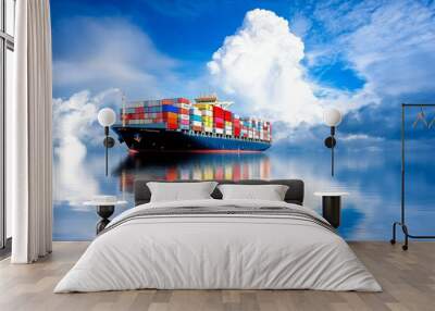 Cargo ship with containers sailing on calm waters under a blue sky with clouds, representing global trade and international logistics. Wall mural