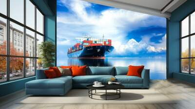 Cargo ship with containers sailing on calm waters under a blue sky with clouds, representing global trade and international logistics. Wall mural