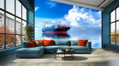 Cargo ship with containers sailing on calm waters under a blue sky with clouds, representing global trade and international logistics. Wall mural