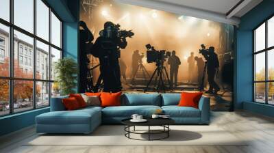 Cinematic Film Crew Working on Stage with Cameras and Lights in a Foggy Light, Silhouetted Figures and Dramatic Lighting Captured in High-Resolution Wall mural