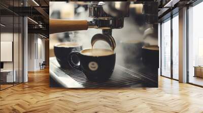 Close-up of an espresso machine with steam rising from a coffee cup, focusing on a black mug being filled, set against a cozy cafe interior background with blurred tables and chairs. Wall mural