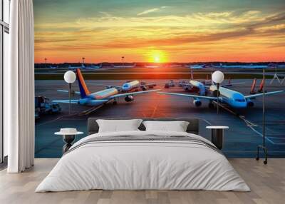 Colorful airplanes parked on the tarmac at sunset, with vehicles for flight operations or luggage transport in the foreground. Beautiful airport scene with an empty field and sunset background. Wall mural